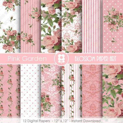 Pink Roses Digital Paper, Shabby Chic Pink..
