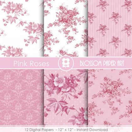 Pink Rose Digital Paper Floral Digital Paper Pack,..