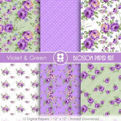 Violet Floral Papers, Rose Digital Paper Pack,..