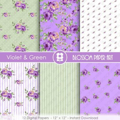 Violet Floral Papers, Rose Digital Paper Pack,..