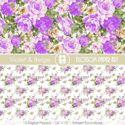 Floral Digital Paper, Violet Floral Digital Paper..