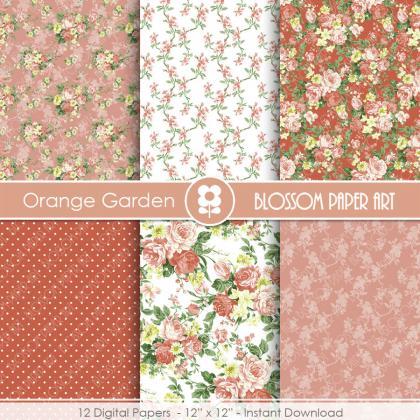 Floral Digital Paper Pack, Orange Floral Digital..