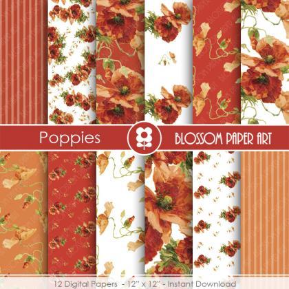 Poppies Digital Paper Pack, Red Floral Papers,..