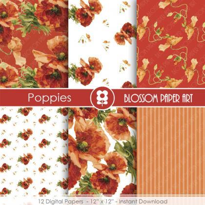 Poppies Digital Paper Pack, Red Floral Papers,..