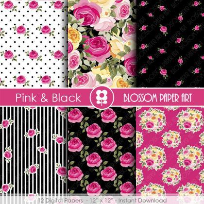 Digital Paper, Black & Pink Digital..