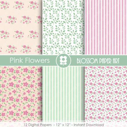 Floral Digital Paper Pink Shabby Chic Papers,..