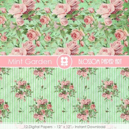 Roses In Mint Digital Paper, Garden Shabby Chic..