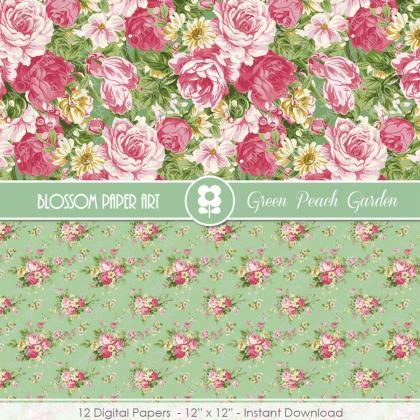 Digital Papers, Rose Peach Green Floral Digital..