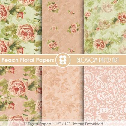 Floral Digital Paper, Peach Digital Paper Pack,..