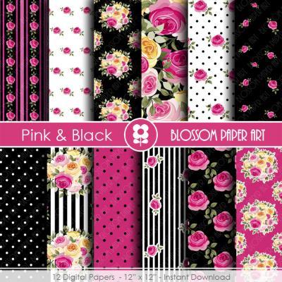 Digital Paper, Black & Hot Pink Digital Paper Scrapbook Paper Pack, Scrapbooking, Roses in Hot Pink and Black - 1771