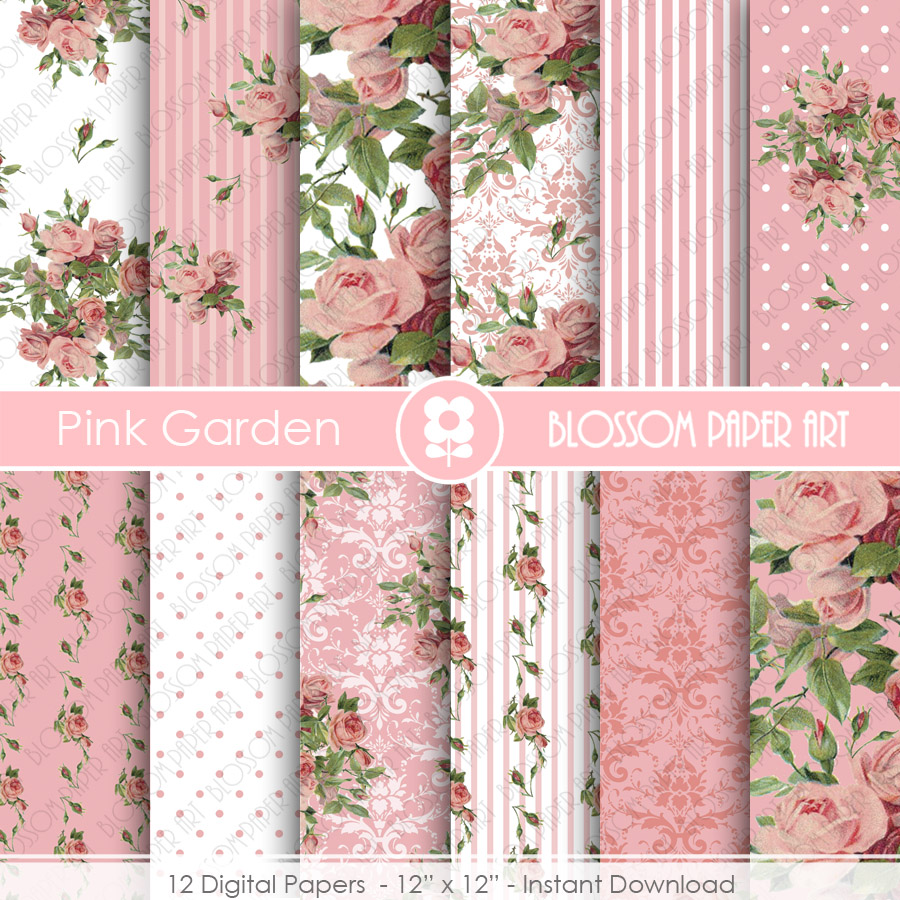 Pink Roses Digital Paper, Shabby Chic Pink Scrapbook Digital Paper Pack, Wedding Roses, Pink, Green - 1870