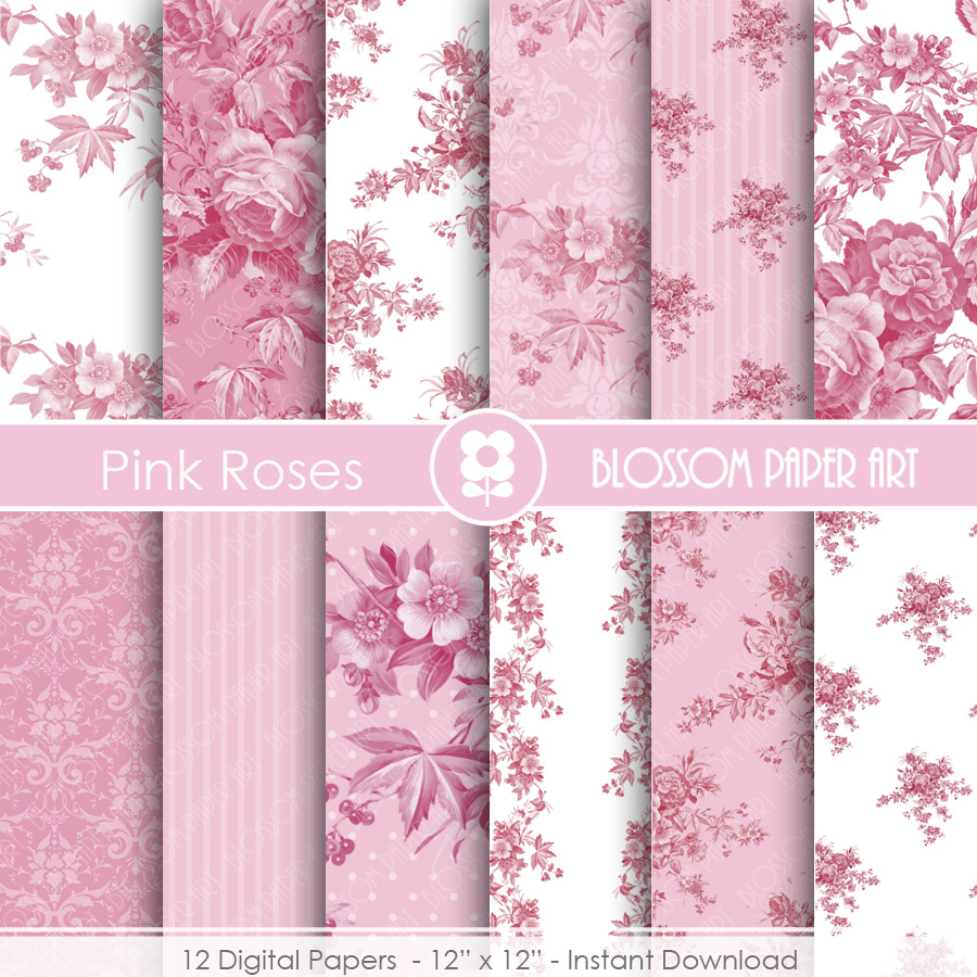Pink Rose Digital Paper Floral Digital Paper Pack, Pink Wedding Vintage Roses, Wedding, Scrapbooking, Vintage Roses - 1699