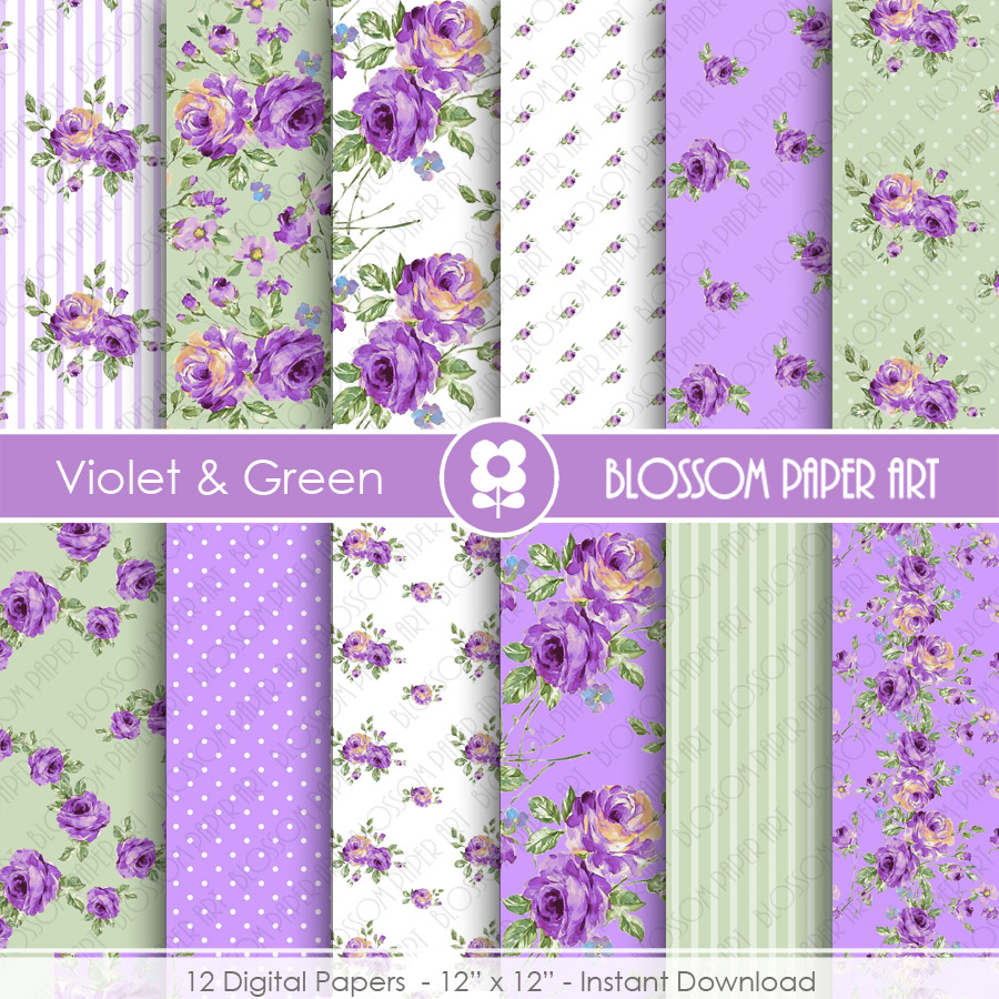 Violet Floral Papers, Rose Digital Paper Pack, Violet Green Digital Scrapbooking, Rose Papers - 1901