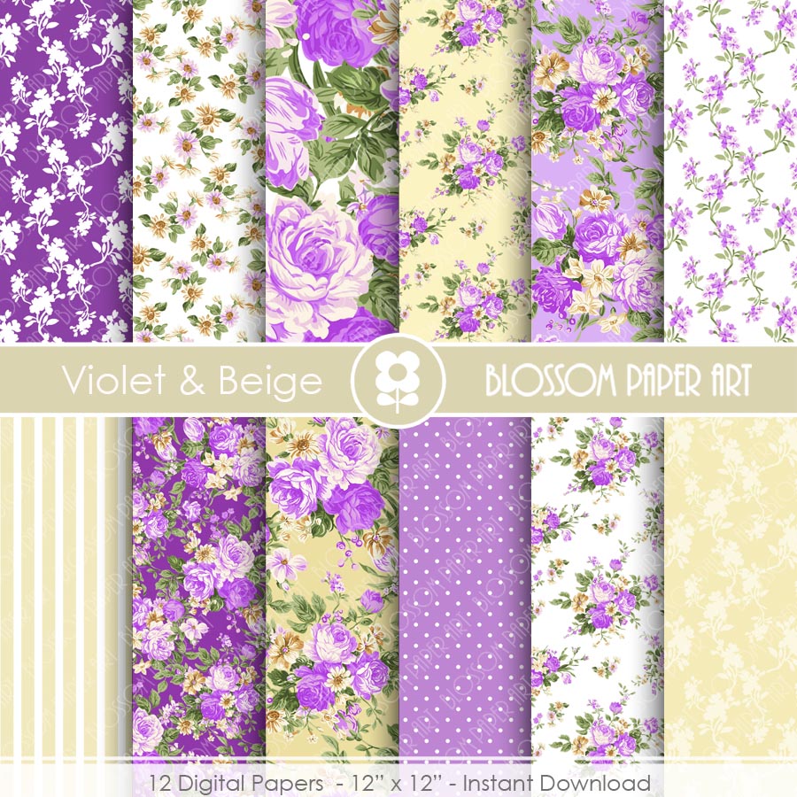 Floral Digital Paper, Violet Floral Digital Paper Pack, Violet Roses, Wedding, Scrapbooking, Roses - 1935
