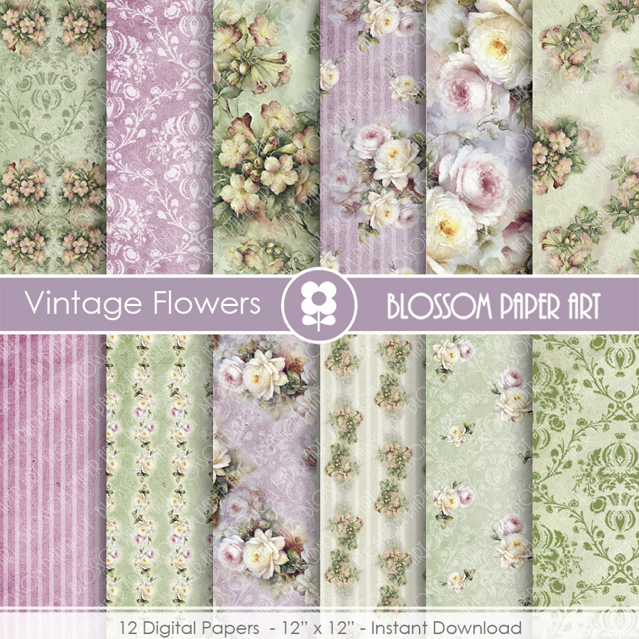 Floral Digital Papers, Roses Scrapbook Digital Paper Pack, Purple, Green, Vintage Roses - Collage Sheet - 1723
