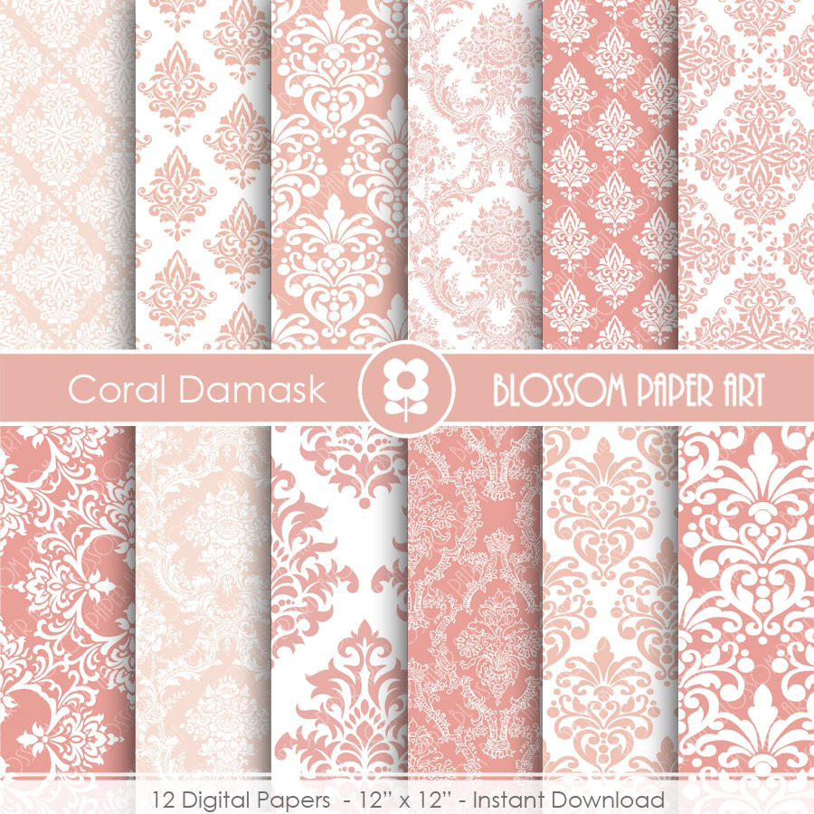 Coral Damask Digital Paper Coral Digital Paper Pack, Scrapbooking, Damask Papers - 1908