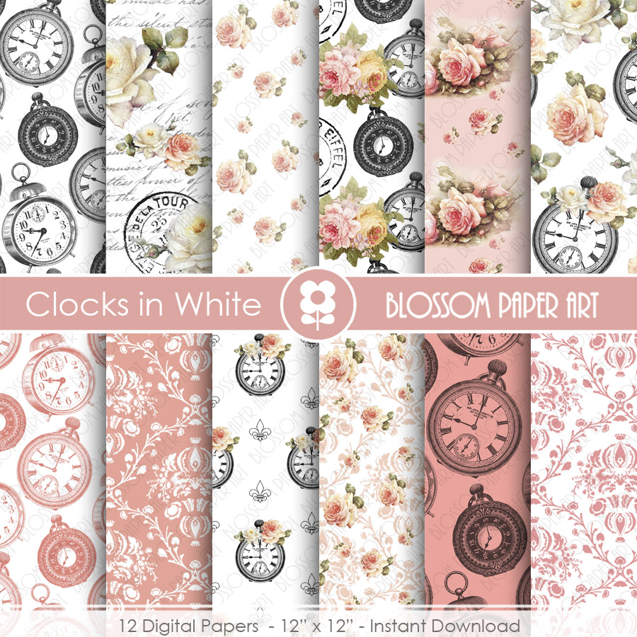 Shabby Chic Scrapbook Paper, Rose Vintage Digital Paper Pack, Wedding, Scrapbooking, Roses - 1812