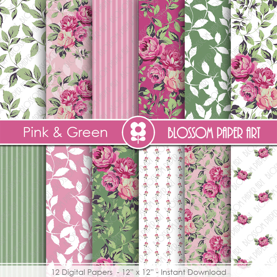 Rose Digital Paper, Floral Digital Paper Pack, Pink Garden, Scrapbooking, Roses, Pink Roses - 1950