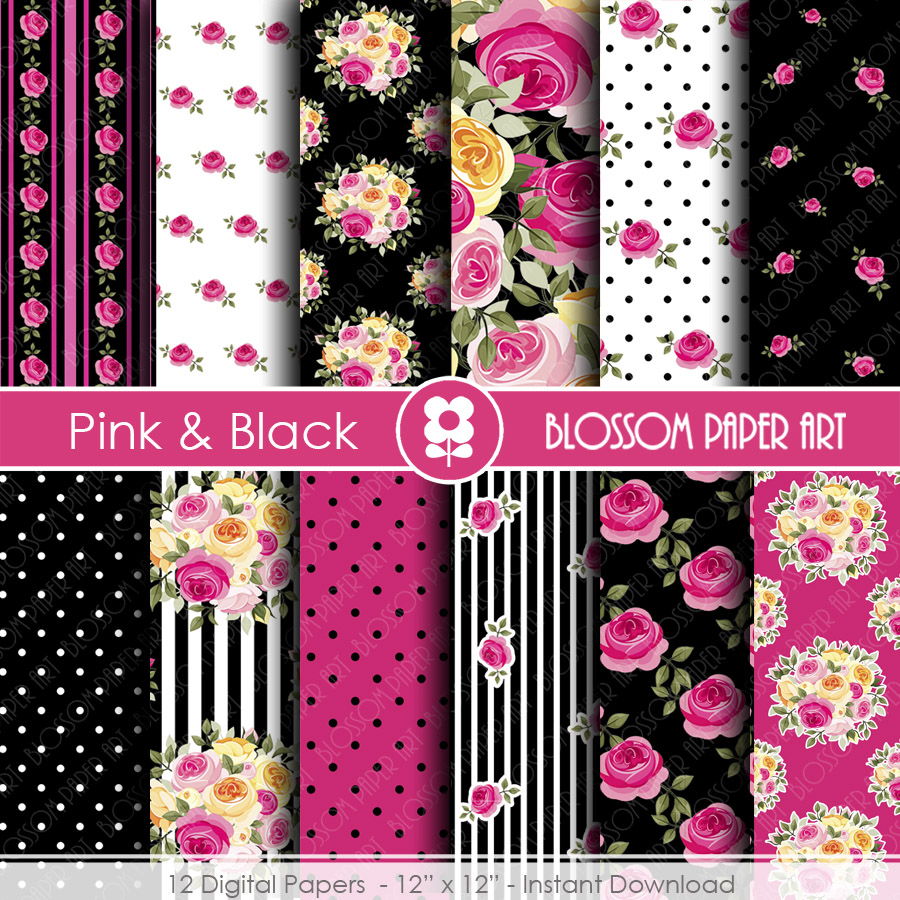 Digital Paper, Black & Pink Digital Paper Scrapbook Paper Pack, Scrapbooking, Roses In Pink And Black - 1771