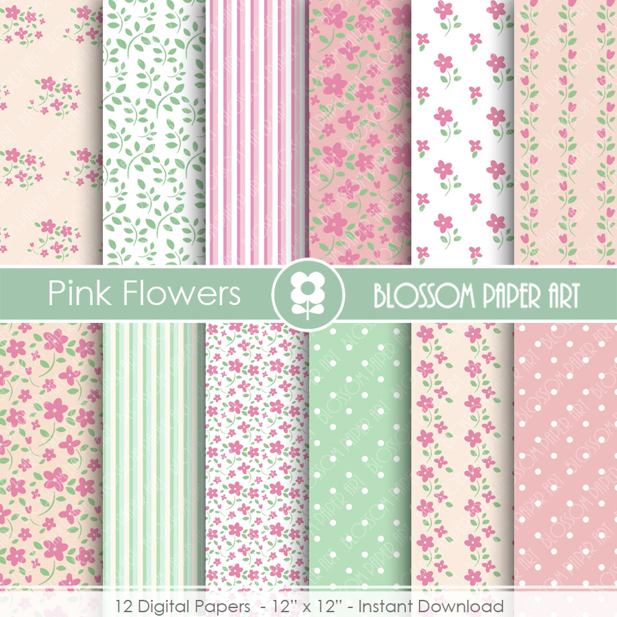 Floral Digital Paper Pink Shabby Chic Papers, Scrapbooking Paper Pack, Pink & Green Floral Papers - 1765