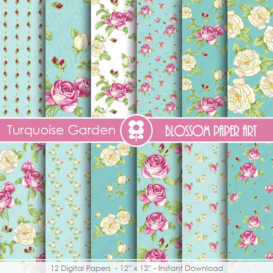 Scrapbooking Digital Paper, Floral Digital Paper Pack, Pink And Turquoise Scrapbooking, Roses - 1844