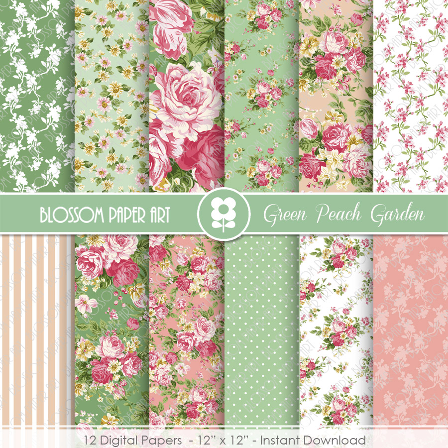 Digital Papers, Rose Peach Green Floral Digital Paper Pack, Scrapbooking Rose Papers - 1933