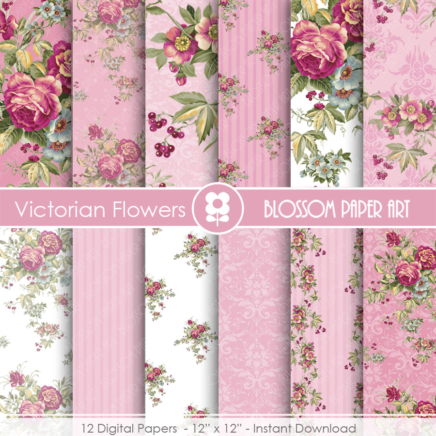 Rose Digital Paper, Shabby Chic Digital Paper Pack, Pink Roses, Wedding ...